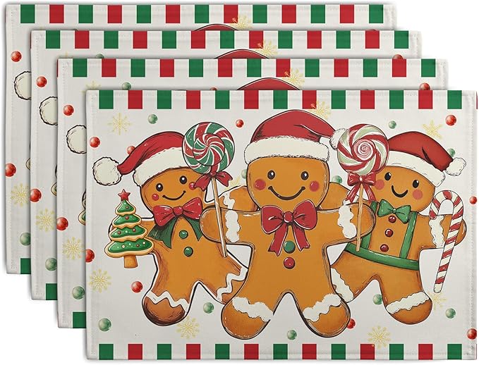 Gingerbread Man Christmas Placemats Set of 4 Candy Cane Xmas Seasonal Holiday Linen Table Mats Red Green Orange Winter Washable Place Mats for Party Kitchen Dining Outdoor Indoor Decor-Ruum Studio Home