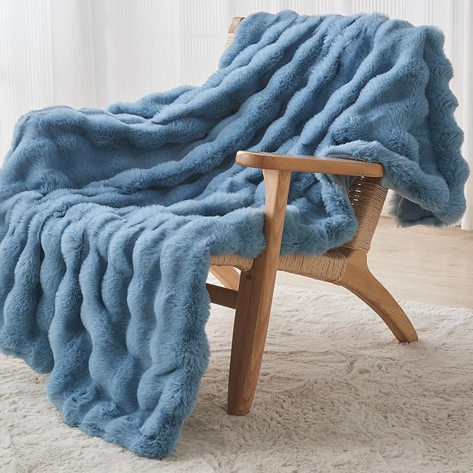 Lotus Karen Faux Fur Throw Blanket Sky Blue - Big Bubble Rabbit Fluff Blanket for Couch Bed Sofa,Softest Fluffy Fuzzy Cozy Blanket,Thick Furry Plush Shaggy Warm Blankets for Women,60x80 Inches-Ruum Studio Home
