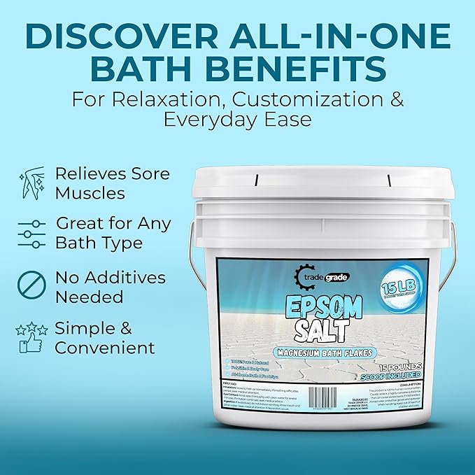 Epsom Salt Bath Soak 15 lb Bucket – Unscented, Pure Epsom Salt Bulk Crystals, Magnesium Sulfate for Full Body or Foot Soaks, Resealable Container with Scoop for Home Bath Use-Ruum Studio Home