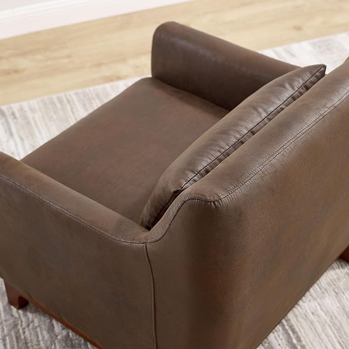 Extra Deep Accent Chair, Comfy Fabric Armchair with Wood Base, Upholstered Single Sofa Chair for Living Room & Bedroom, Faux Leather Dark Brown-Ruum Studio Home