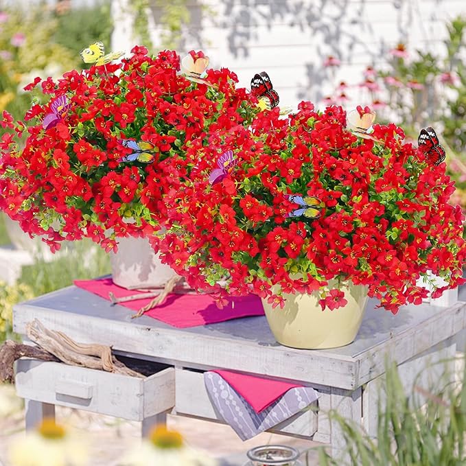 ‌20 Bundles Artificial Flowers for Outdoors‌ with 6 Faux Butterflies, UV Resistant ‌Fake Flowers‌ with Eucalyptus Leaves, ‌Artificial Plants Outdoor‌ for Patio Garden Porch Home Decor (Red)-Ruum Studio Home