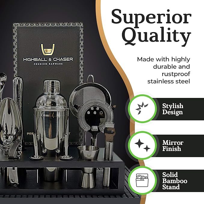 Highball & Chaser 13-Piece Cobbler Cocktail Shaker Set: Black Polished Stainless Steel Bartender Kit for Home Bar Set | Laser Engraved Tools Plus E-Book with 30 Recipes-Ruum Studio Home