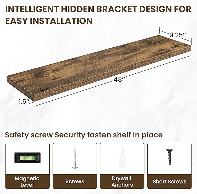48 Inch Floating Shelves, 12 Inch Deep Floating Shelves for Wall, Floating Shelf with Invisible Brackets, Deep Wall Shelves for Bathroom, Bedroom, Living Room, 1 Pack, Brown-Ruum Studio Home