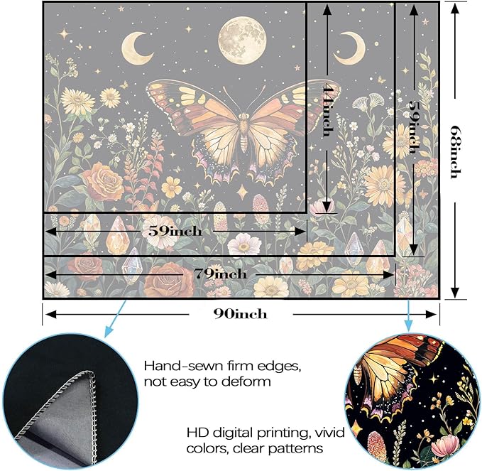 Lunerfex Boho Butterfly Tapestry Flower Moon Wall Tapestry, Moon Phases Tapestries for Bedroom Cute Tapestries Wall Hanging for Bedroom Living Room Decor Butterfly-2 44"x60"-Ruum Studio Home