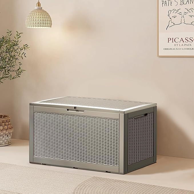 100 Gallon Resin Deck Box, Waterproof Outdoor Storage Bin for Patio Furniture, Pool Accessories, and Garden Tools, Lockable & UV-Resistant, Grey-Ruum Studio Home