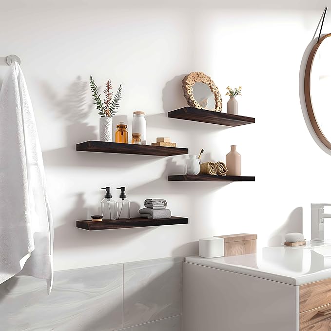 Wood Floating Shelves for Wall Decor, Rustic Wall Shelves for Bedroom Bathroom Kitchen Living Room, Set of 6 Walnut-Ruum Studio Home