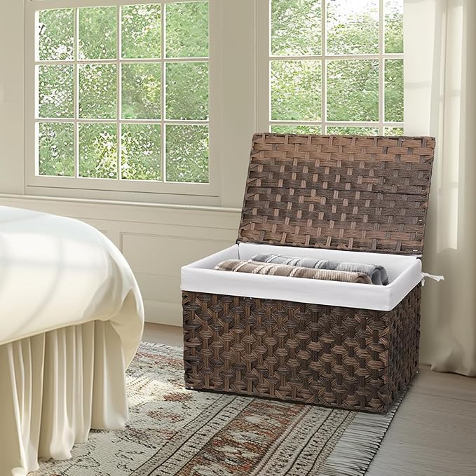 Wicker Storage Basket with Lid, 27.7 Gallon (105L) Large Blanket Basket with Lid, Woven Storage Bin with Handles, Removable Liner, Metal Frame, Foldable, for Bedroom, Laundry Room, Brown-Ruum Studio Home