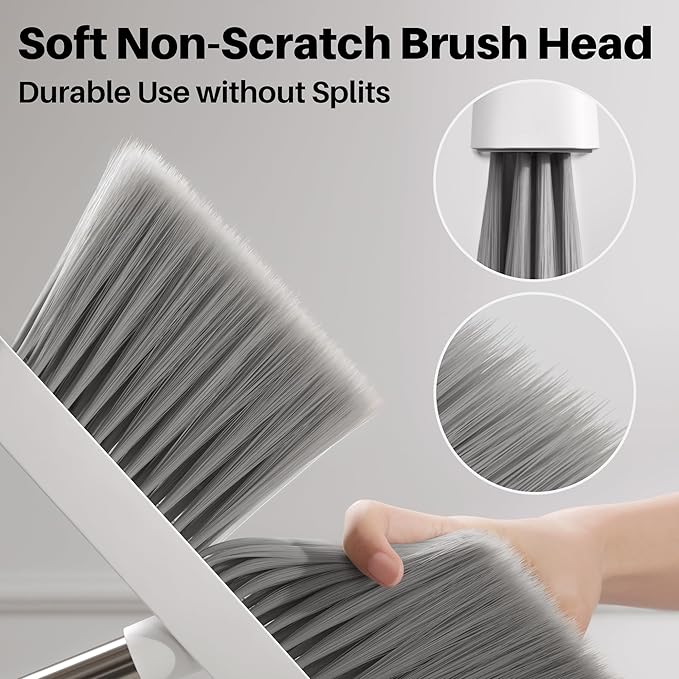 JOYMOOP White Broom and Dustpan Set, Upright Angle Design with Built-in Comb Teeth for Kitchen, Office, Pet Hair, Hard Floors-Ruum Studio Home