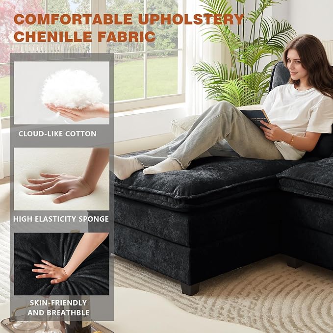 113" Oversized Cloud Couch, U Shape Sectional 4 Seat Sofa with Double Chaises, 2 Layer Cusions, Deep Seat Comfy Sofa, Upholstery Chenille Fabric for Living Room, Black-Ruum Studio Home