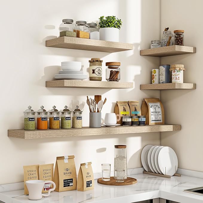 16 Inch Floating Shelves, 3D Textured Wood Grain, 16"x9.25"x1.5" Inch Deep Floating Shelves for Wall, Wooden Shelves for Bathroom, Bedroom, Living Room, Vintage White Oak-Ruum Studio Home