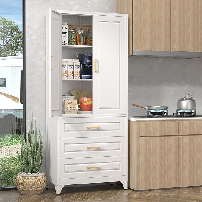 Pantry Kitchen Cabinet with Drawer, 75" Tall Pantry Storage Cabinet, Metal Storage Cabinets with Doors and Shelves, Large Freestanding Cupboard for Dining Room, Assembly Required, White-Ruum Studio Home