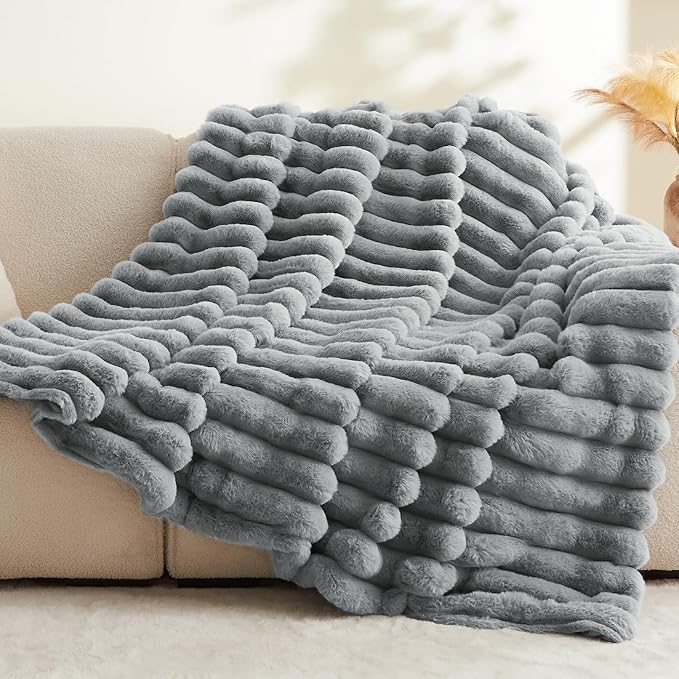 BEDELITE Faux Fur Throw Blanket for Couch, Soft and Cozy Luxurious 3D Striped Fluffy Blanket, 770GSM Thick Warm Plush Fuzzy Faux Rabbit Fur Blanket for Women Gift (Crey, 60"x 80")-Ruum Studio Home