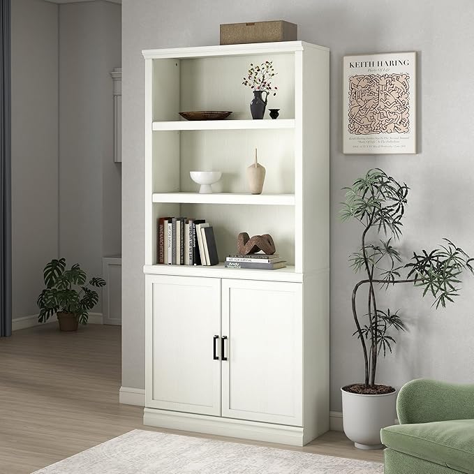 70 Inch Tall Bookcase with Doors, Library Office Bookshelf with Adjustable Shelves, Floor Standing Storage Cabinet for Bedroom Living Room Organizer with Anti Tipping Kit, Soft White Finish-Ruum Studio Home