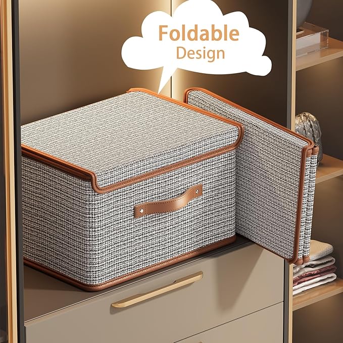 Tuza 4 Pack Storage Bins with Lids, Collapsible Closet Organizer Container, Fabric Organizer Box with Handles, Decorative Storage Boxes with Lids for Organizing Clothes, Books, Light Grey, Large-Ruum Studio Home