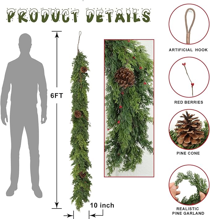 6 Ft Real Touch Christmas Garland Indoor with Pine Cone,Thick and Lush，Soft Bendable Mantle Garland Christmas, Lifelike Cedar Garland, Christmas Garland for Mantle,Indoor Christmas Decorations-Ruum Studio Home