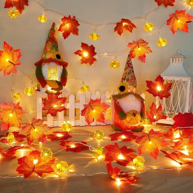 2 Pack & Timer - Fall Garland with Pumpkin Lights Halloween Fall Decor for Home 60LED 20Ft Enlarged Maples Leaves Halloween Garland Lights Indoor Battery Operated Thanksgiving Decor Wedding Christmas-Ruum Studio Home
