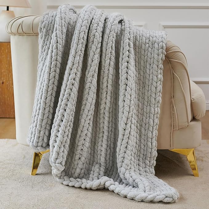 Esterra Chunky Knit Throw Blanket Newly Upgraded Heavy Tighter Version, Handmade Chenille Throw Super Soft, Thick Yarn Cable Knit Crochet Throw Blanket for Couch Bed Sofa (50"x60" Light Grey)-Ruum Studio Home