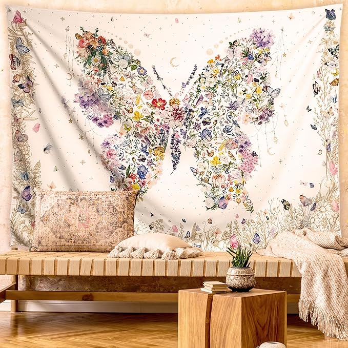 Damanse Butterfly Tapestry Wall Hanging Cute,Boho Wall Tapestry for Bedroom Aesthetic,Flower Living Room Decor for Teen Girls (White, 59.80" x 78.70")-Ruum Studio Home