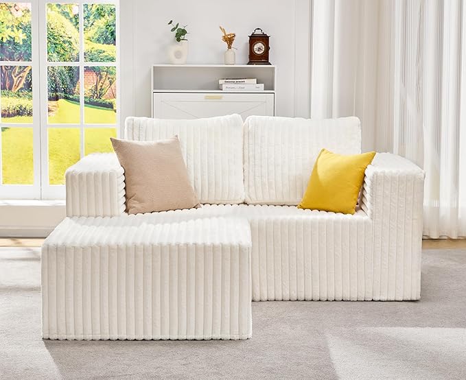 Hobestluk Modular Sectional Sofa Memory Foam Couch L Shape Sofa for Living Room Loveseat with Chaise Lounge Cloud Couch with Removable Cover (Stripe White, Loveseat with Chaise)-Ruum Studio Home