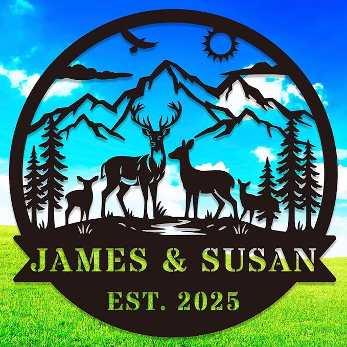 Personalized Rustic Metal Deer Cabin Sign, Outdoor Welcome Sign for Front Porch, Great Custom Metal Name Sign Gift for Hunters, Farmhouse Cabin Decor-Ruum Studio Home