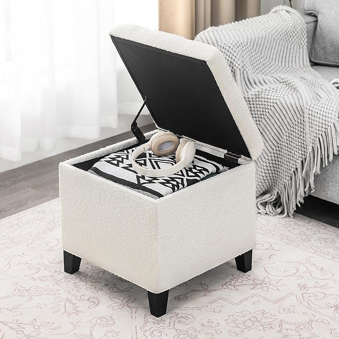 Adeco 18 Inch High Cube Ottoman Storage, Linen Chair Foot Stools, Upholstered Vanity Stool with Hinged Lid, Solid Wood Legs (White Circle Yarn)-Ruum Studio Home