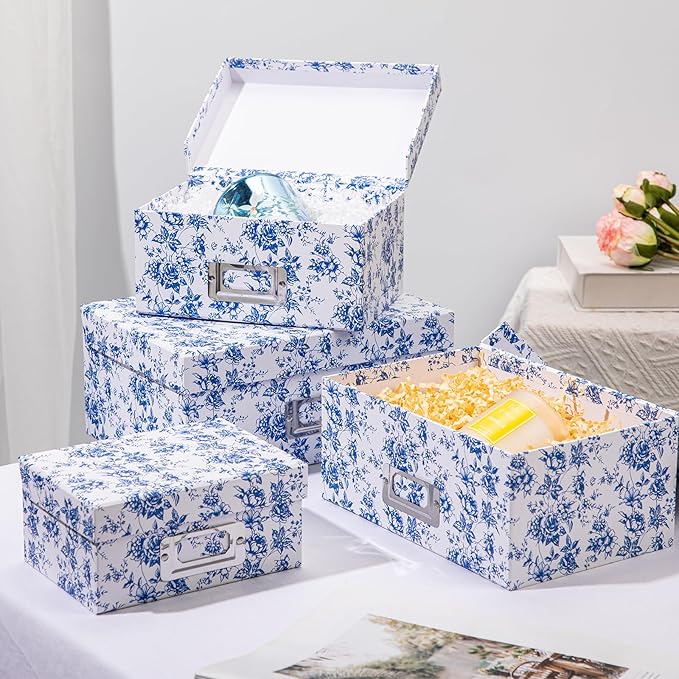 Briful Blue and white Porcelain Storage Boxes, Photos Storage Boxes with Lids 4 in 1 Set Water-proof Gift Boxes Sets Decorative Multiple Size Storage Bins for Clothes/Shoes/Office/Cosmetic/Books-Ruum Studio Home