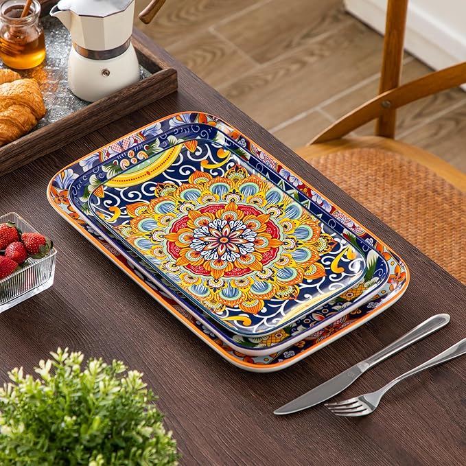 vancasso Serving Platters Set of 3, 16"/14"/12" Inch Rectangular Trays - Serving Platter Extra Large, Bohemian Ceramic Serving Dish for Entertaining Food, Microwave & Dishwasher Safe, Colorful-Ruum Studio Home