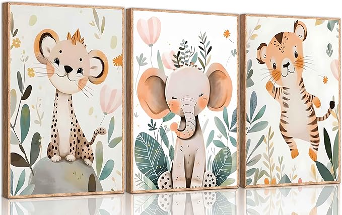 3 Pcs Safari Animals Nursery Canvas Wall Art Jungle Animals Cheetah Elephant Tiger Kids Room Illustration Pictures Wall Decor Posters Print Artwork for Classroom Boy's Girl's Room Bedroom-Ruum Studio Home
