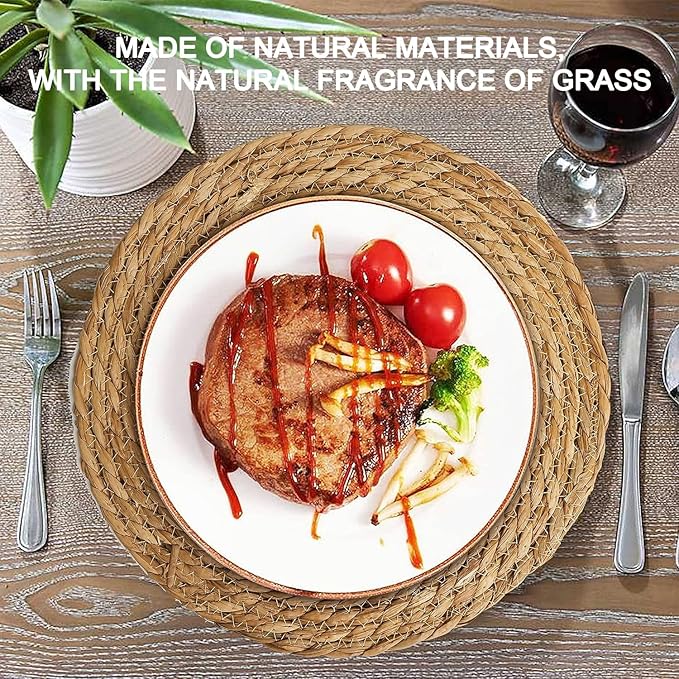 Defined Deco Woven Placemats Set of 4,12" Round Rattan Placemats,Natural Hand-Woven Water Hyacinth Placemats,Farmhouse Weave Place Mats,Rustic Braided Wicker Table Mats for Dining Table,Home,Wedding.-Ruum Studio Home
