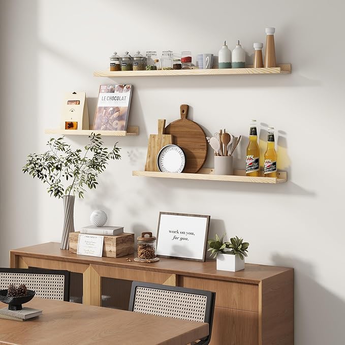 Picture Ledge Shelf for Wall, 16 inches Solid Pine Wood Nursery Book Shelves 3 Packs, Floating Ledge Shelves for Kids' Room Bedroom Bathroom Living Room Photo Frames Office Nursey Wall Decor, Natural-Ruum Studio Home