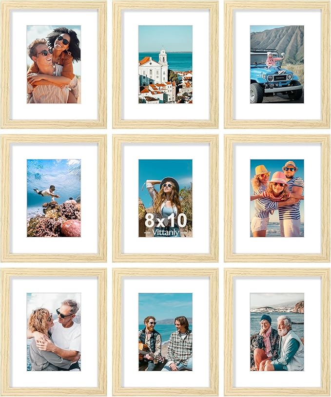 Vittanly 8x10 Picture Frames Set of 9, Shatter Resistant Plexiglass, Display 5x7 Pictures with Mat or 8x10 without Mat, Photo Frames for Wall or Tabletop, Engineered Wood, OAK-Ruum Studio Home