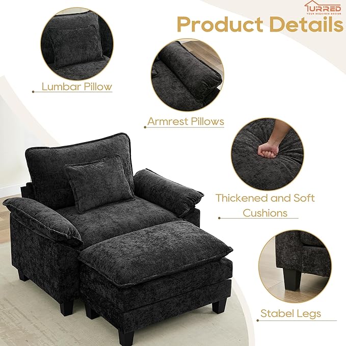 URRED Modular Sectional Sofa Comfy Cloud Couch, Modern Chenille Sofa Sleeper Deep Seat Couches with Ottoman/Pillows for Living Room (Black, 53''- Ottoman)-Ruum Studio Home