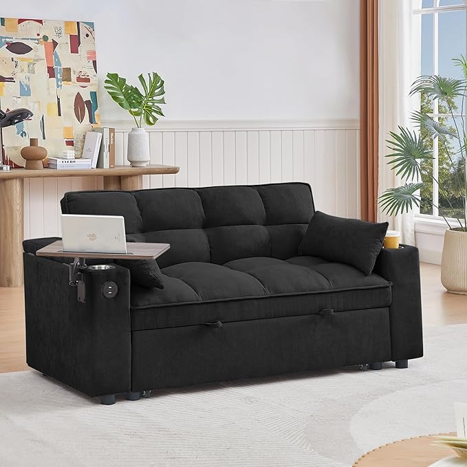 65'' 3-in-1 Folding Convertible Sofa Bed, Pullout Sofa, Modern Chenille Fabric, 360° Swivel Side Table, Easy Assembly, Perfect for Living Room, Black-Ruum Studio Home