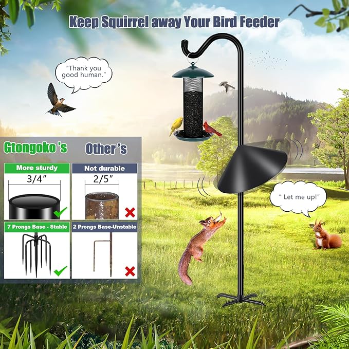 Gtongoko Bird Feeder Pole Squirrel Proof 92 Inch Shepherds Hook for Outdoor with Squirrel Baffles Adjustable Heavy Duty with 7 Prongs Base for Hanging Plants, Bird Feeders, Black-Ruum Studio Home