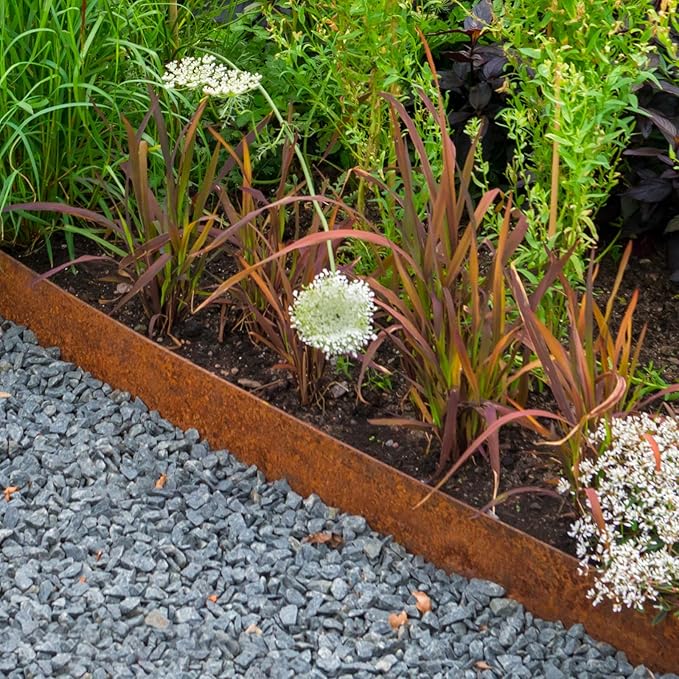 Worth Garden 6-Pack Cor-Ten Steel Landscape Edging with Black Protection Strips - Rust Patina Finish 40" L x 5.5" H (20Ft Total) - Hammer-in 14-Gauge Metal Corten Lawn Yard Edging Border w/ 7 Clips-Ruum Studio Home