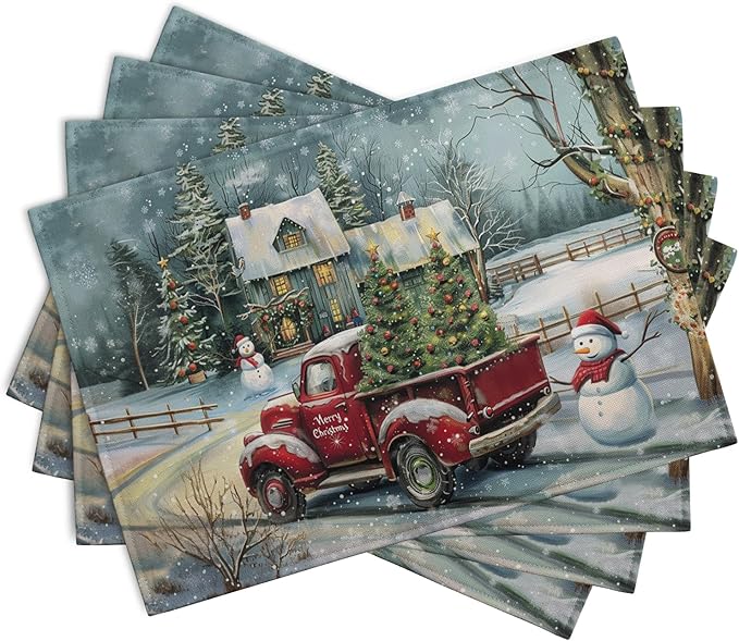 Red Truck Xmas Tree Snowman Christmas Placemats Set of 4 Winter Snowflake Vintage Farmhouse Rustic Place Mats 12x18 Inch Seasonal Christmas Holiday Washable Table Mats for Party Kitchen Dining Decor-Ruum Studio Home
