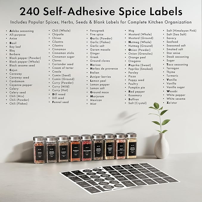 Glass Spice Jars with Labels and Steel Lids (24 x 4oz) Spice Containers with 240 Label, Steel Funnel, Shaker Inserts, Empty Square Seasoning Organizer for Spice Rack, Cabinet, Drawer-Ruum Studio Home