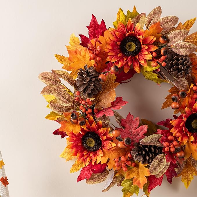 Glitzhome 24''D Fall Wreath with Hanger, Artificial Autumn Wreath for Front Door with Sunflower, Pinecone and Berry, Harvest Wreaths Decor for Indoor Outdoor Holiday Decoration-Ruum Studio Home