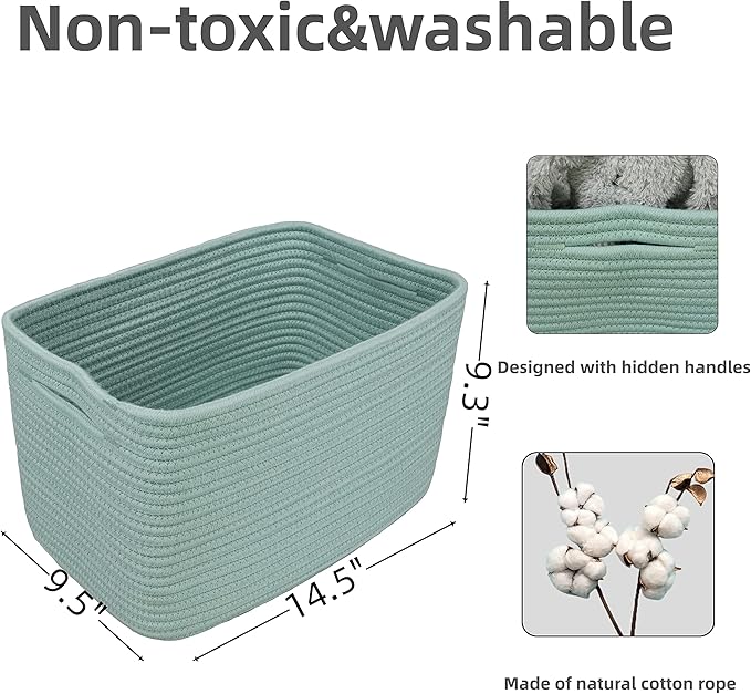 Cotton Rope storage Basket Bins Woven Basket for Organizing Shelves Rectangle Decorative Baskets For storage Clothes Toys Books Towels Square Wicker Nursery basket organizer 3 pack Green-Ruum Studio Home