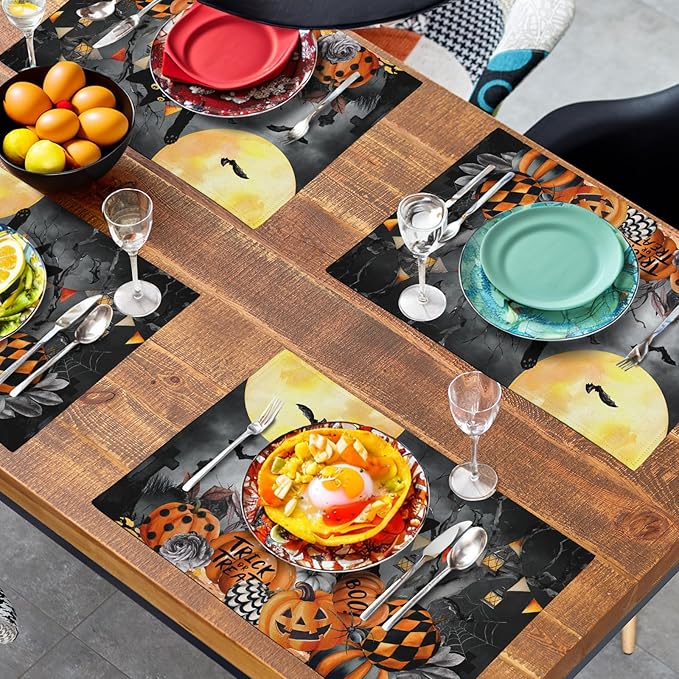 Black Cat Halloween Placemats Set of 4 Spooky Pumpkin Boo Bat Moon Horror Place Mats 12x18 Inch Seasonal Washable Linen Table Mat for Party Kitchen Dining Outdoor Indoor Decor-Ruum Studio Home