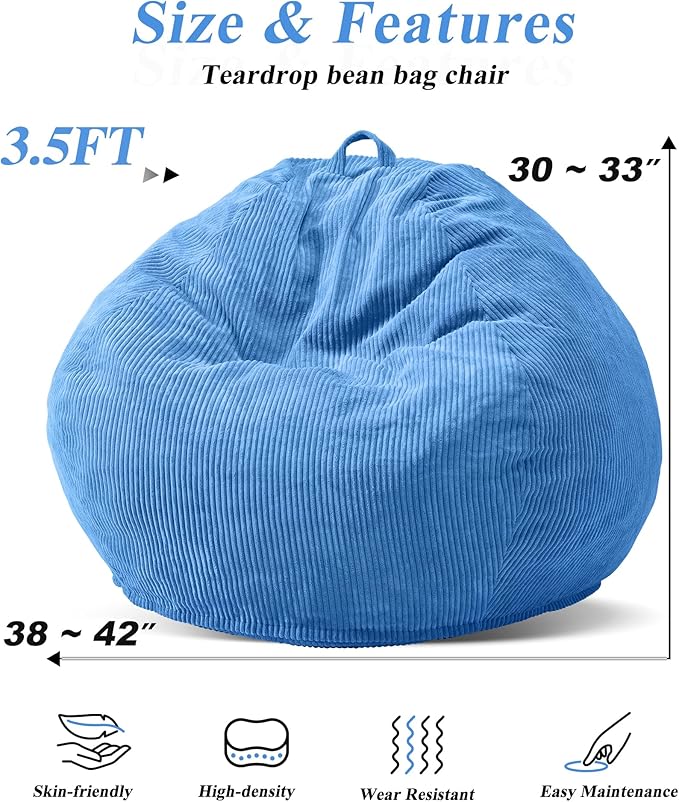 3.5FT Bean Bag Chairs Teardrop Bean Bag Chair for Adults Beanbag Chair with Memory Foam Filled Machine Washable Cover for Living Room, Bedroom (Large,Blue)-Ruum Studio Home