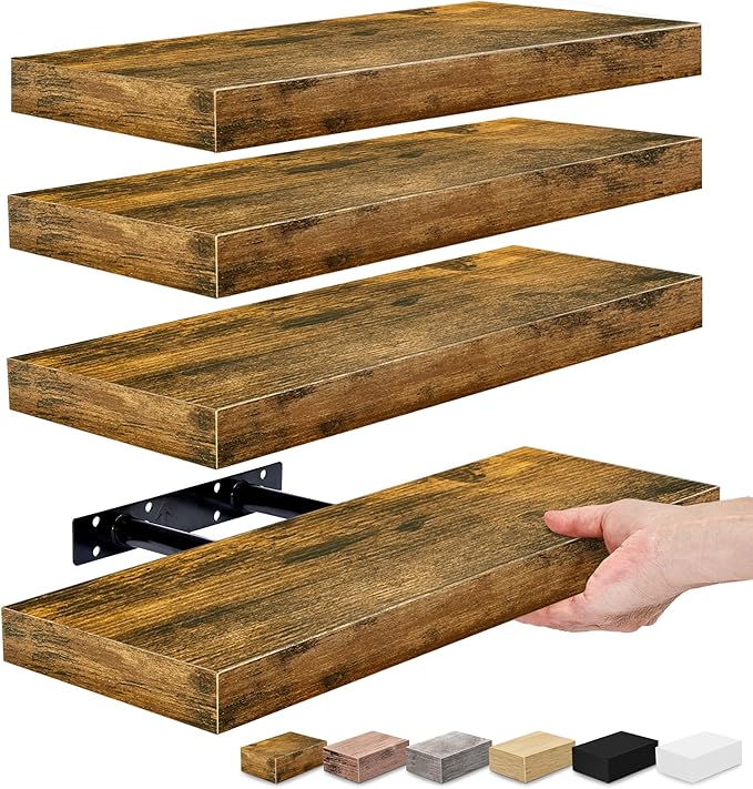 Sorbus Floating Shelves for Wall, Bathroom Shelves Wall Mounted for Kitchen, Bedroom, Living Room, Bathroom Storage, Over Toilet, Hanging Book Shelf for Ｗall Home Decor (Rustic Brown, 4 Pack)-Ruum Studio Home