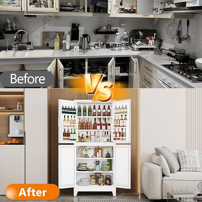 74.8" Tall Metal Food Cabinet, White Kitchen Pantry Cabinet, Storage Cabinets with 4 Door and 4 Adjustable Shelves, Steel Freestanding Cupboard for Kitchen Dining Room Living Room Bathroom-Ruum Studio Home
