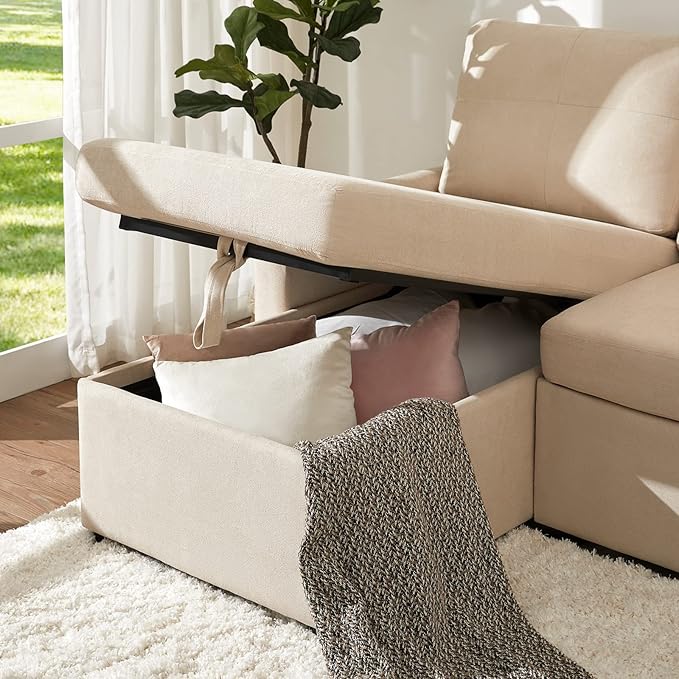 VanAcc Sleeper Sofa, Sofa Bed- 2 in 1 Pull Out Couch Bed with Storage Chaise for Living Room, Comfy Sleeper Couch, Beige Chenille-Ruum Studio Home