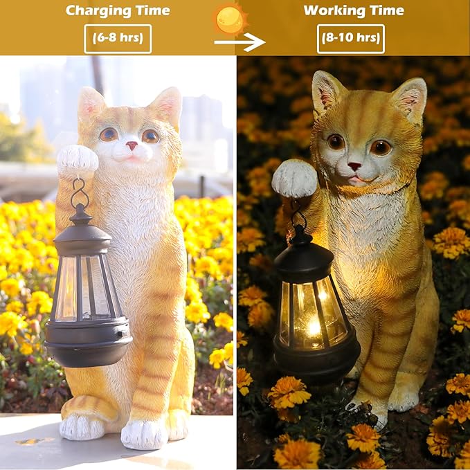 Solar Powered Outdoor Cat Garden Statue, Crafted Garden Sculptures & Statues for Patio, Yard, Lawn, Gardening Gifts for Women and Mom(11" Cat)-Ruum Studio Home