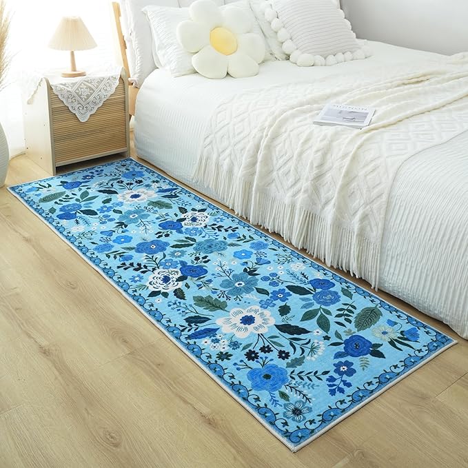 Runner Rug for Hallways Kitchen Rug Non Slip 2'6''x8' Washable Runner Rugs with Rubber Backing Soft Floral Carpet Runner for Hallways, Kitchen, Laundry, Bedroom, Bathroom(Blue)-Ruum Studio Home