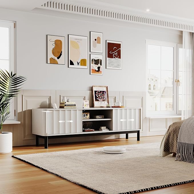 White Mid Century Modern TV Stand, Wood Fluted Living Room TV Stands with Storage Sliding Doors, Desert-Inspired Design MCM Entertainment Center for 55 60 65 70 75 55+ 60+ 65+ 70+ Inch-Ruum Studio Home
