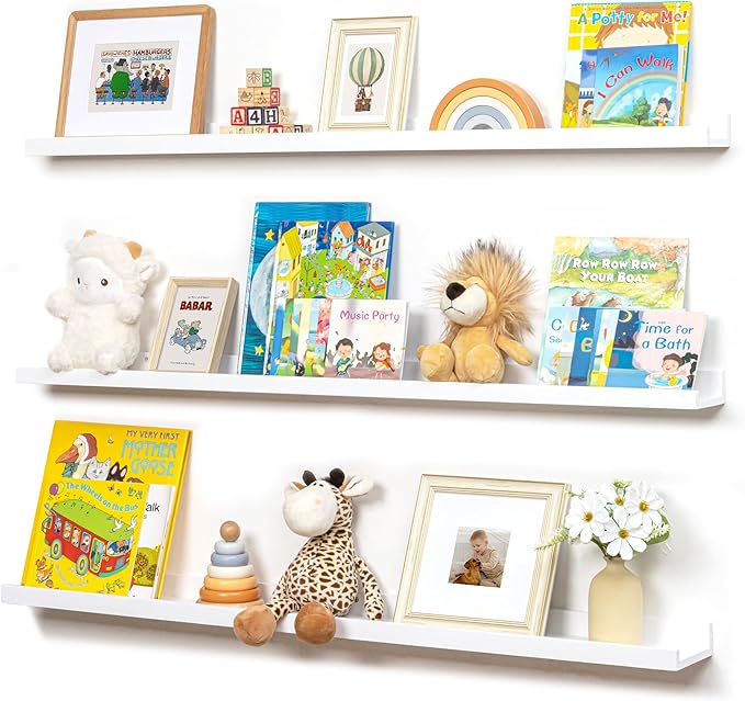 Picture Ledge Shelf for Wall, 48 inches Solid Pine Wood Nursery Book Shelves 3 Pack, Floating Ledge Shelves for Kids' Room, Bedroom, Bathroom Long Floating Shelves for Wall, White-Ruum Studio Home