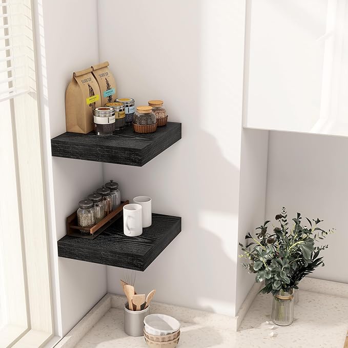 Fun Memories 12 Inch Floating Shelf, Rustic Wood Wall Shelves for Wall Decor & Storage, 12 x 12 Floating Shelf for Living Room, Bathroom, Bedroom, Black, Set of 2-Ruum Studio Home