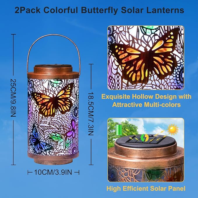 2Pack Solar Lanterns Outdoor Waterproof Colorful Butterfly Garden Gifts for Women, Multicolor Solar Outside Lights Patio Lantern for Yard, Backyard, Porch, Mothers Day Gifts for Mom Grandma Wife-Ruum Studio Home
